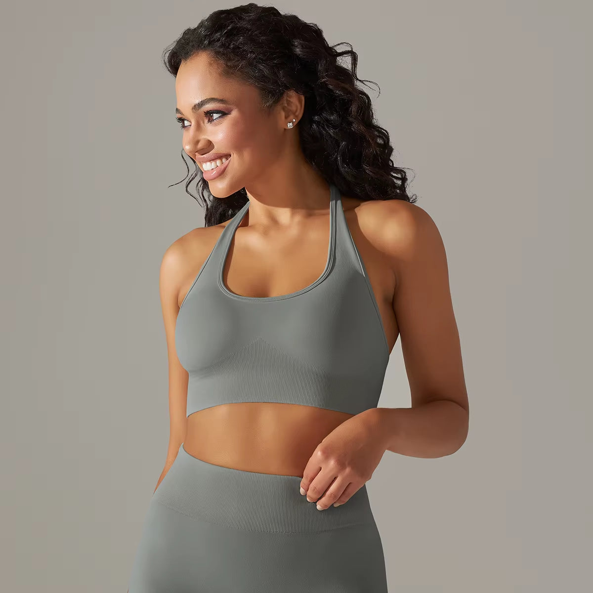 Women Halterneck Sports Bra High Support Impact Ruched Fitness Gym Yoga Top Workout Clothes Push up Corset Padded Activewear