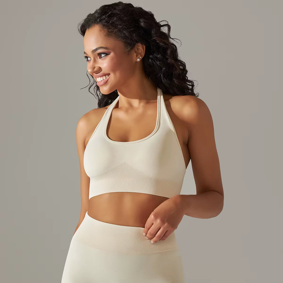 Women Halterneck Sports Bra High Support Impact Ruched Fitness Gym Yoga Top Workout Clothes Push up Corset Padded Activewear