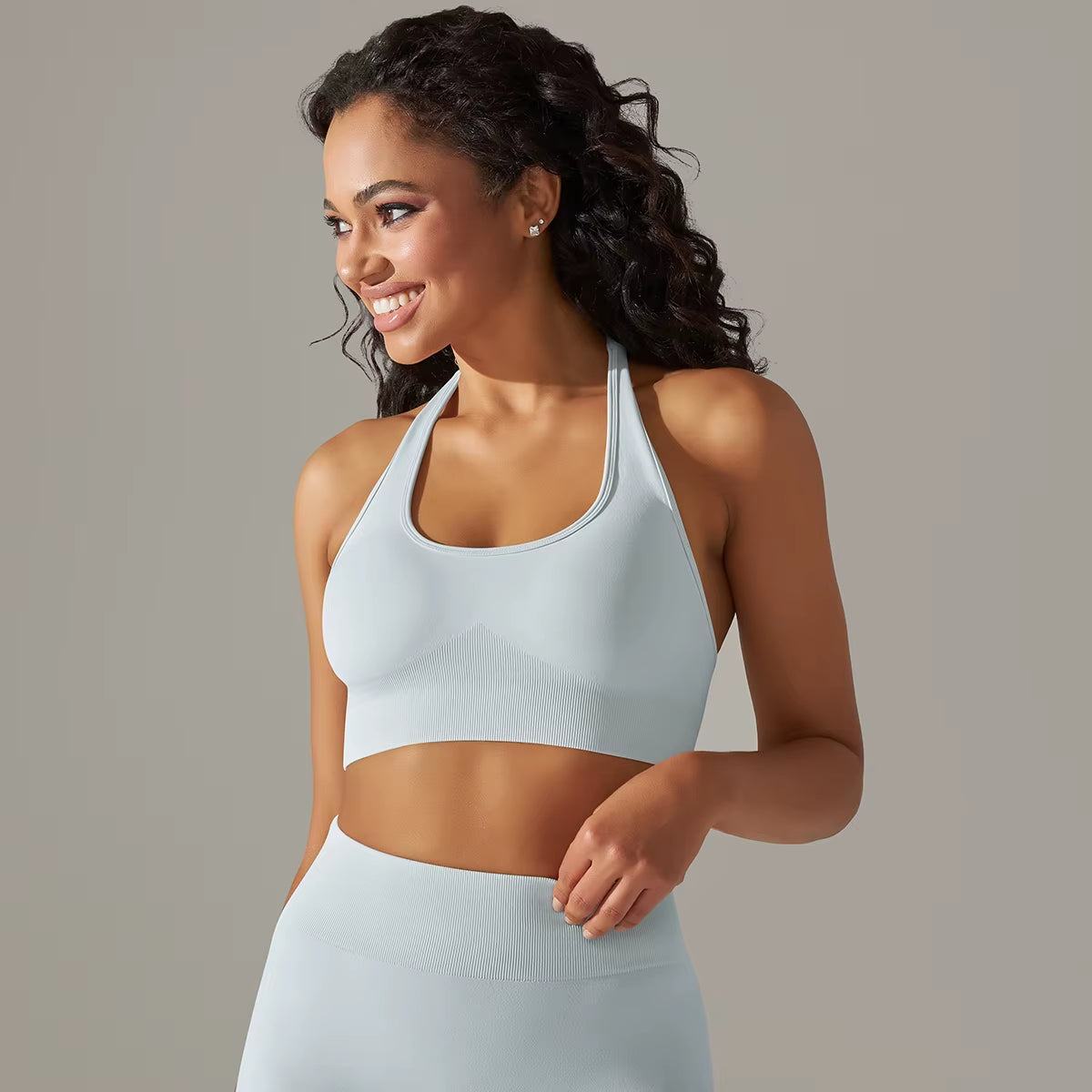 Women Halterneck Sports Bra High Support Impact Ruched Fitness Gym Yoga Top Workout Clothes Push up Corset Padded Activewear