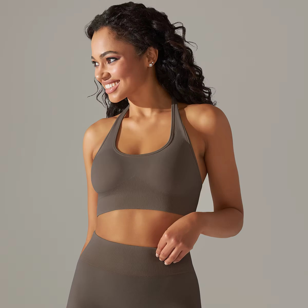 Women Halterneck Sports Bra High Support Impact Ruched Fitness Gym Yoga Top Workout Clothes Push up Corset Padded Activewear