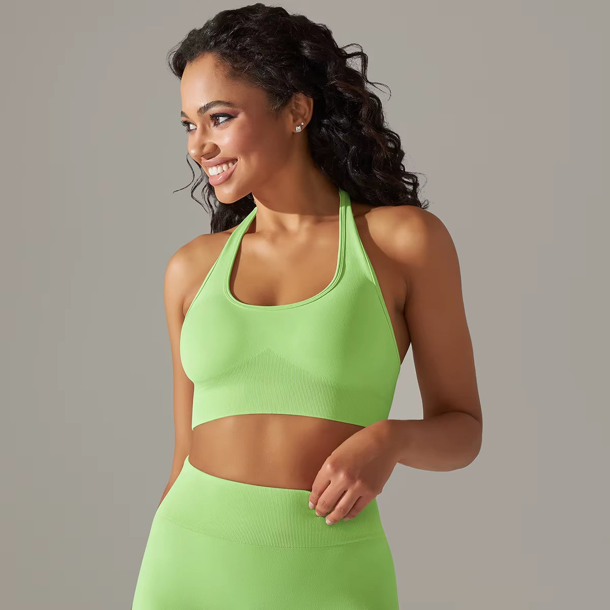 Women Halterneck Sports Bra High Support Impact Ruched Fitness Gym Yoga Top Workout Clothes Push up Corset Padded Activewear