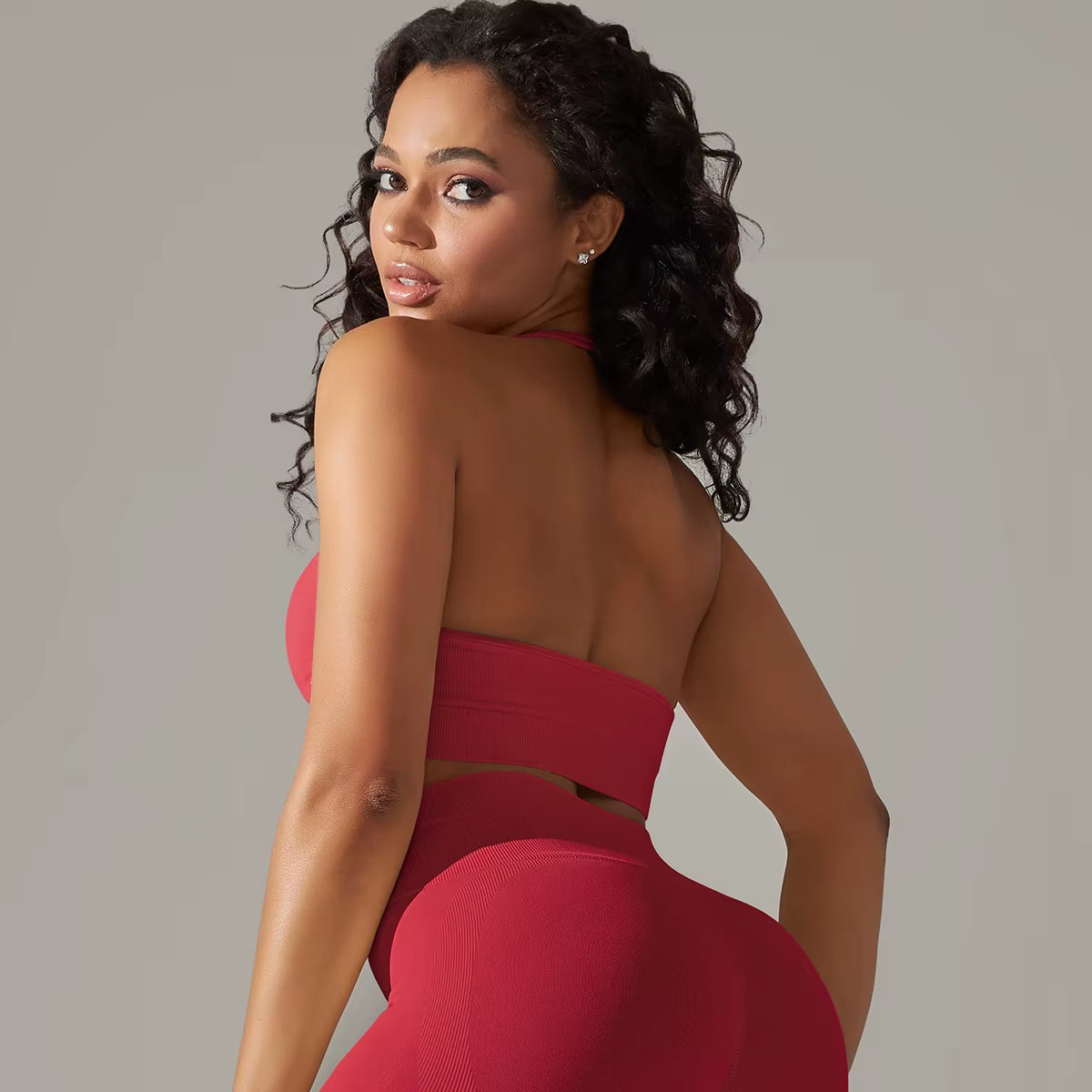 Women Halterneck Sports Bra High Support Impact Ruched Fitness Gym Yoga Top Workout Clothes Push up Corset Padded Activewear