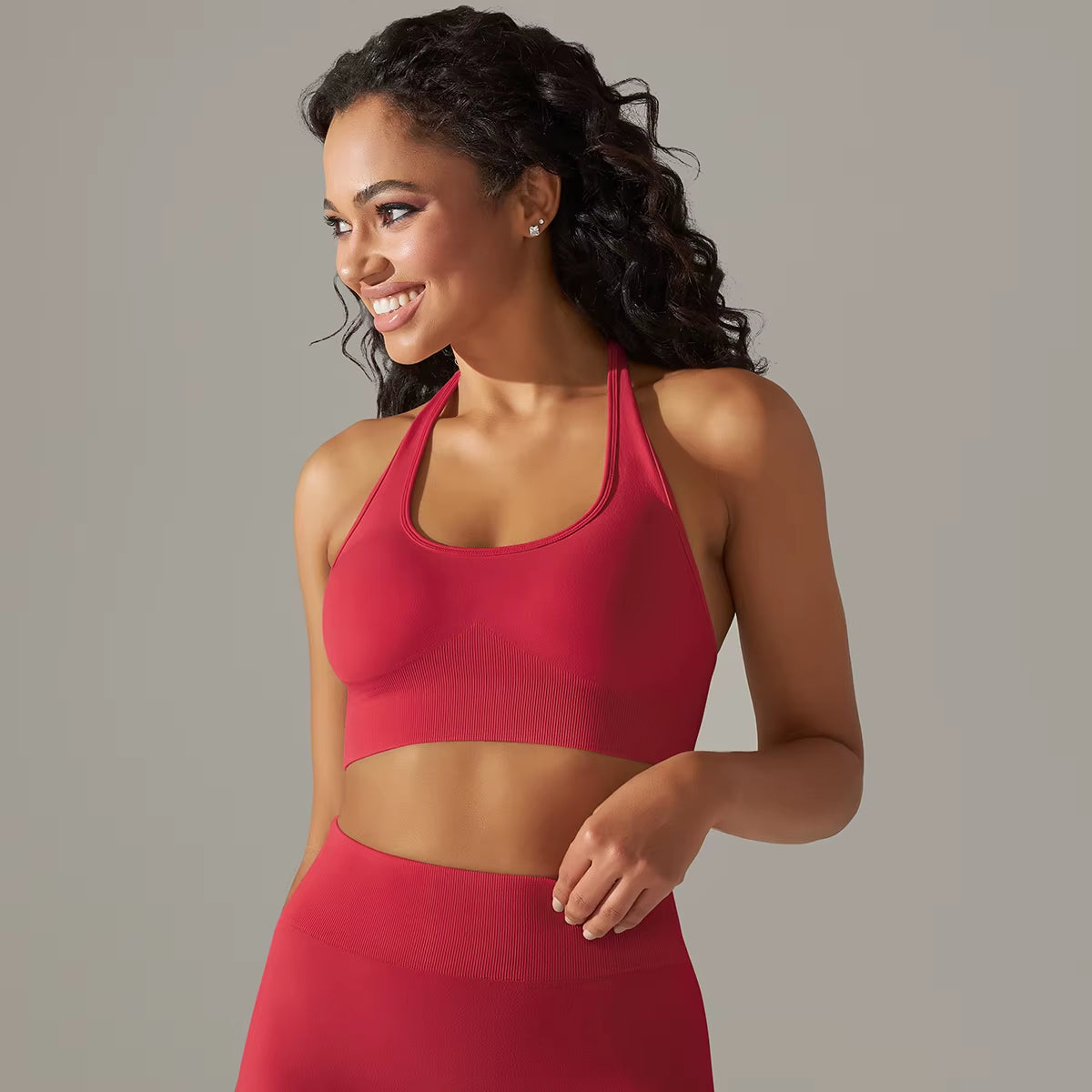 Women Halterneck Sports Bra High Support Impact Ruched Fitness Gym Yoga Top Workout Clothes Push up Corset Padded Activewear