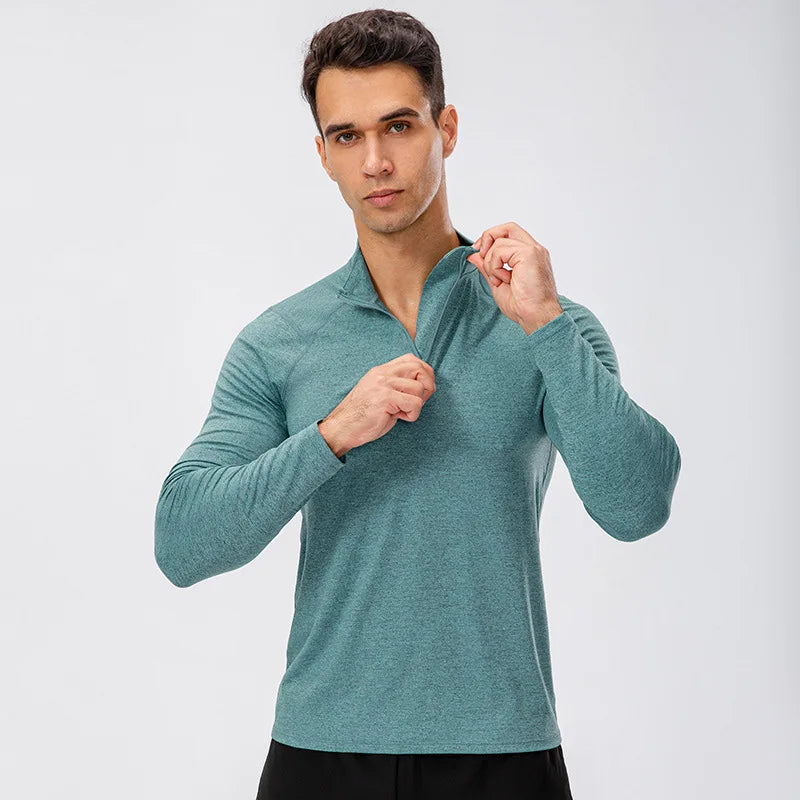Elevate Your Workout with Our Men's Autumn Quick-Dry Long-Sleeved Running Top - Slim-Fit Half-Zipper Baselayer Sweatshirt
