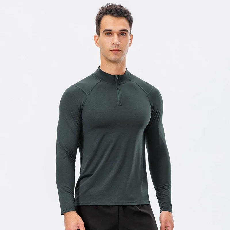 Elevate Your Workout with Our Men's Autumn Quick-Dry Long-Sleeved Running Top - Slim-Fit Half-Zipper Baselayer Sweatshirt