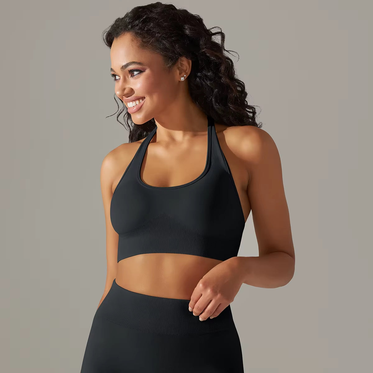 Women Halterneck Sports Bra High Support Impact Ruched Fitness Gym Yoga Top Workout Clothes Push up Corset Padded Activewear