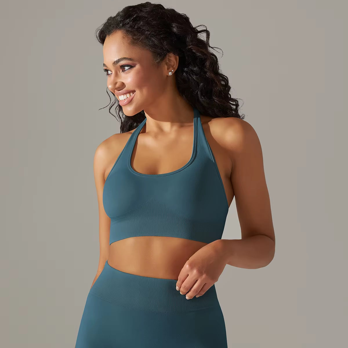 Women Halterneck Sports Bra High Support Impact Ruched Fitness Gym Yoga Top Workout Clothes Push up Corset Padded Activewear