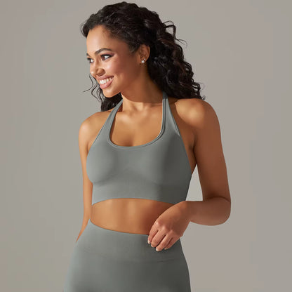 Women Halterneck Sports Bra High Support Impact Ruched Fitness Gym Yoga Top Workout Clothes Push up Corset Padded Activewear