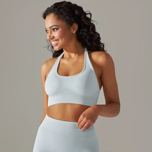 Women Halterneck Sports Bra High Support Impact Ruched Fitness Gym Yoga Top Workout Clothes Push up Corset Padded Activewear