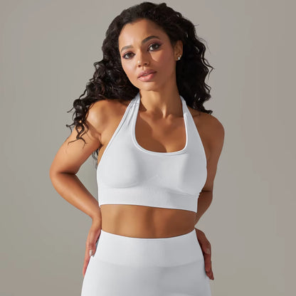 Women Halterneck Sports Bra High Support Impact Ruched Fitness Gym Yoga Top Workout Clothes Push up Corset Padded Activewear